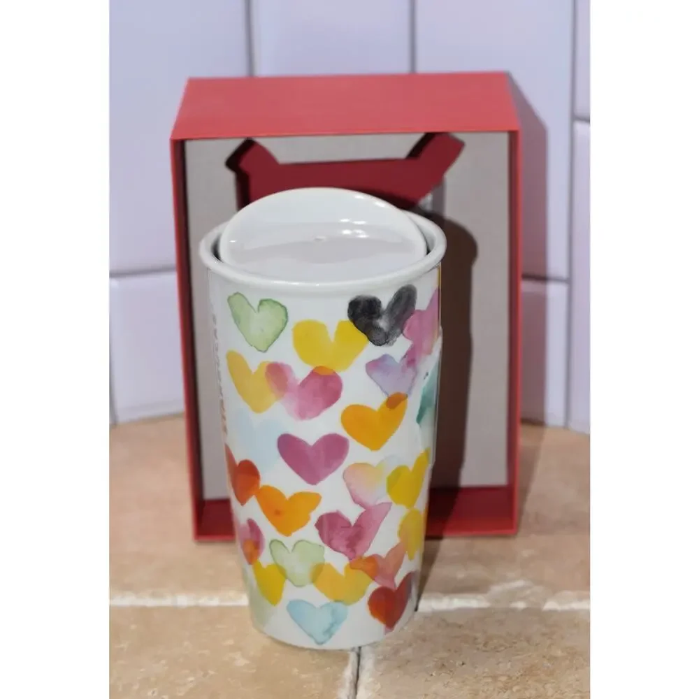 Starbucks Watercolor Hearts DOT 10 oz Ceramic Travel Tumbler Coffee Mug 2015 NWT